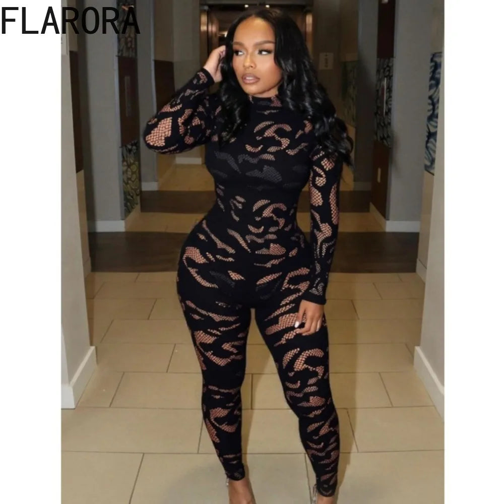FLARORA Sexy Lace See Through Patchwork Jumpsuits Woman Round Neck Full Sleeve Bodycon Peach Hip Hottie Stretch Street Clubwear