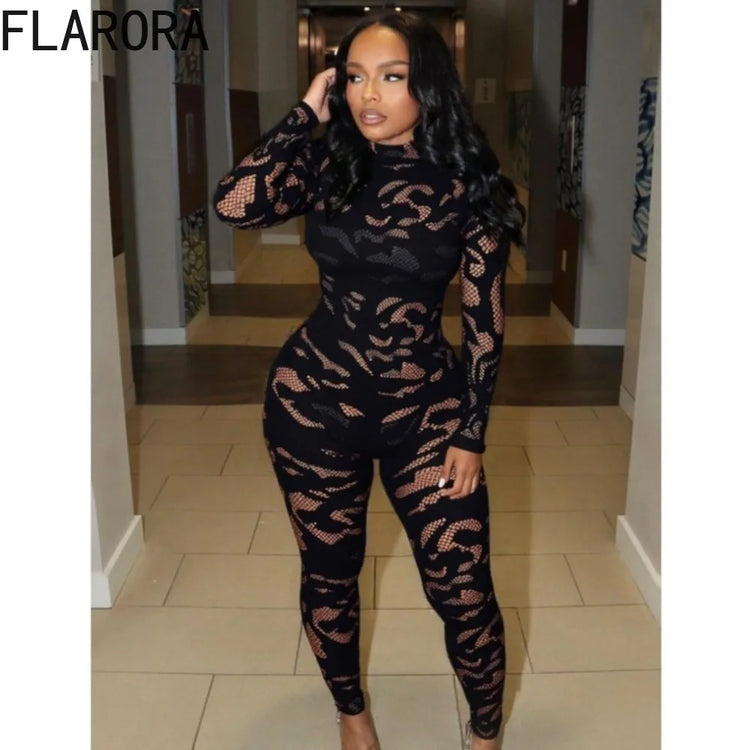 FLARORA Sexy Lace See Through Patchwork Jumpsuits Woman Round Neck Full Sleeve Bodycon Peach Hip Hottie Stretch Street Clubwear