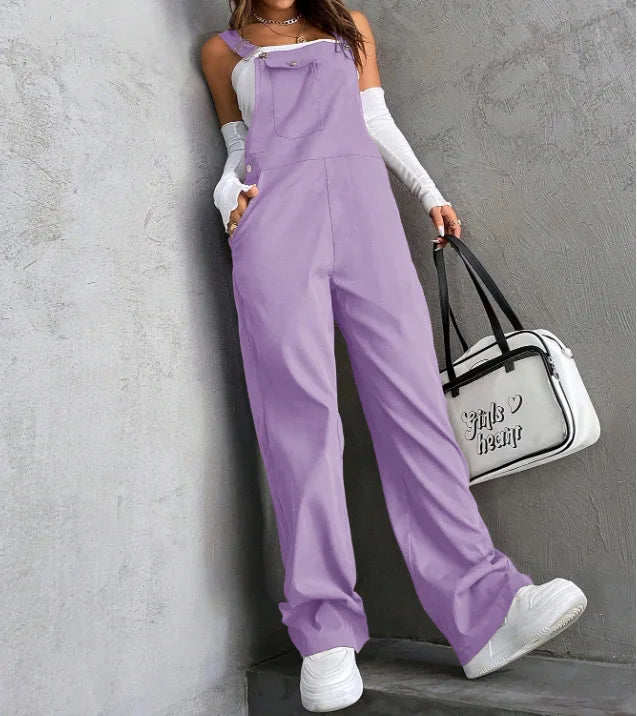 New Casual Women's Jumpsuit Spring Summer Solid Color Simple Loose Retro Style Sleeveless High Waist Backless Wide Leg Overalls