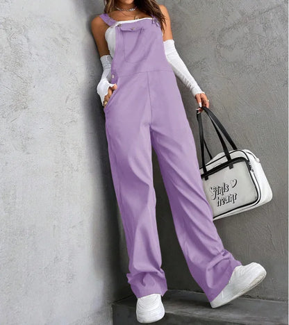 New Casual Women's Jumpsuit Spring Summer Solid Color Simple Loose Retro Style Sleeveless High Waist Backless Wide Leg Overalls
