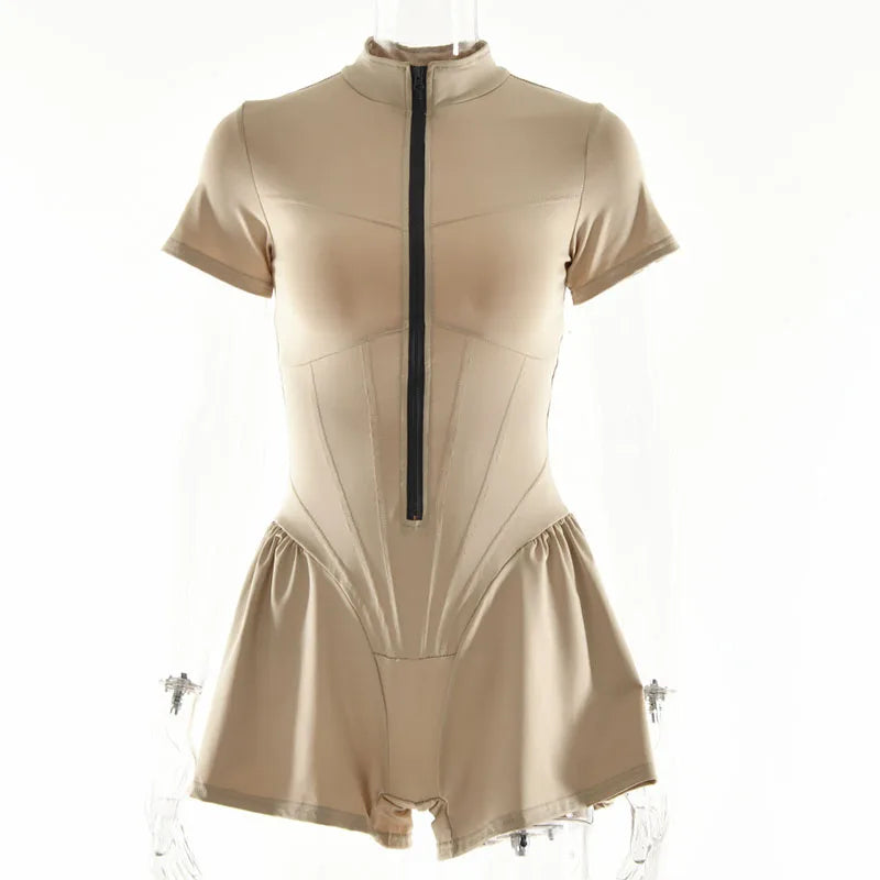 2026 New Women's Jumpsuit Solid Color Zip-Up O-Neck Short Sleeve Sports Bodysuits Women Summer Sexy Slim One-Piece Playsuits