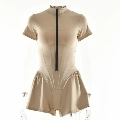 2026 New Women's Jumpsuit Solid Color Zip-Up O-Neck Short Sleeve Sports Bodysuits Women Summer Sexy Slim One-Piece Playsuits