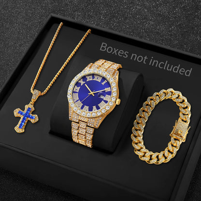 Men Iced Watch Set Red Crystal Cross Necklace Diamond Cuban Bracelet