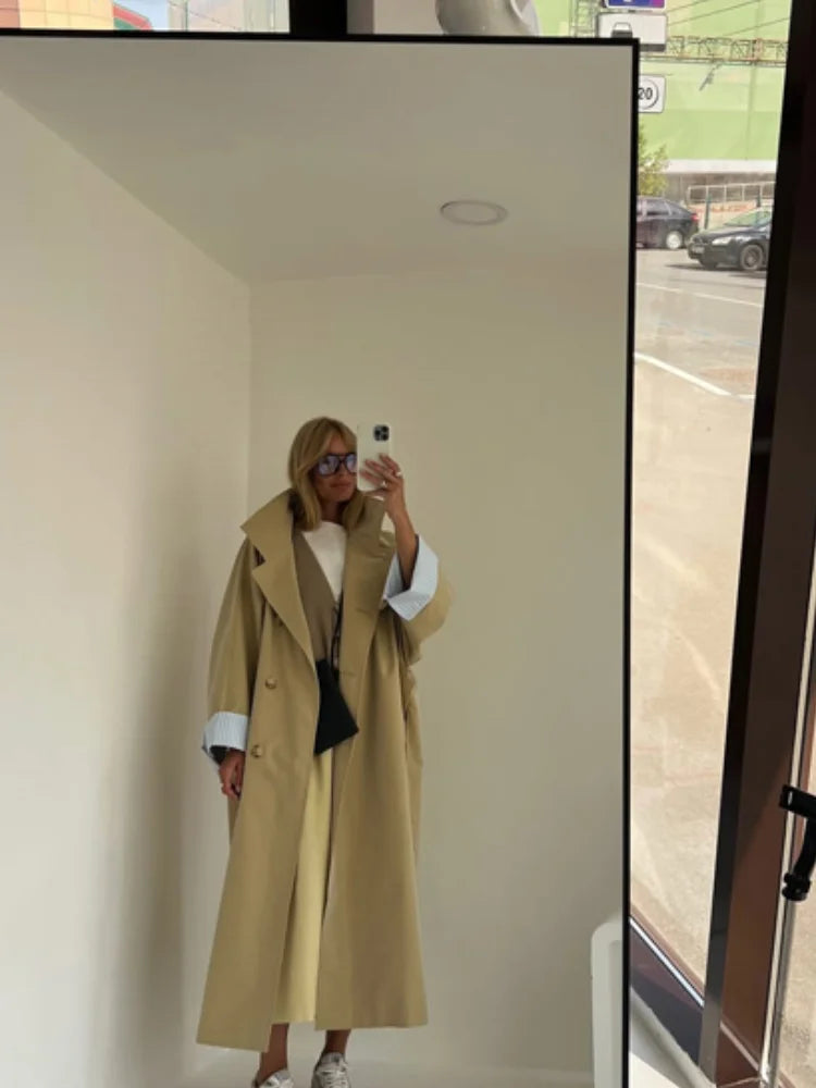 Women Khaki Long Color-block Stripe Trench Coat Wide Lapel Loose Drop Shoulder Blue Lining Slit Windbreaker Commute Outing Coats