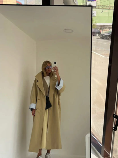 Women Khaki Long Color-block Stripe Trench Coat Wide Lapel Loose Drop Shoulder Blue Lining Slit Windbreaker Commute Outing Coats