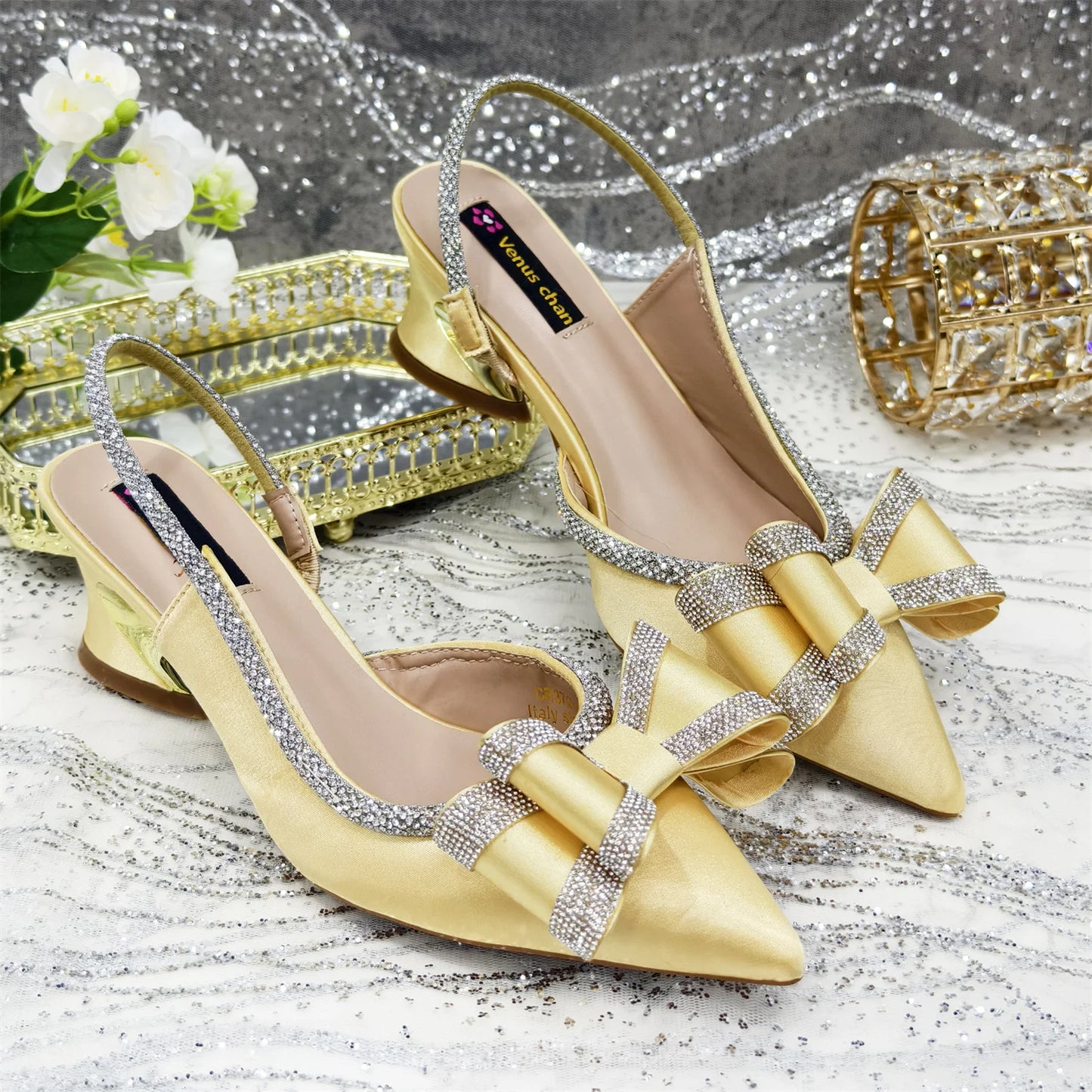 Elegant Gold Satin Rhinestone Bow Slingback Heel & Clutch Bag Set, Women Bridal Matching Kit For Wedding Party Evening Prom Form
