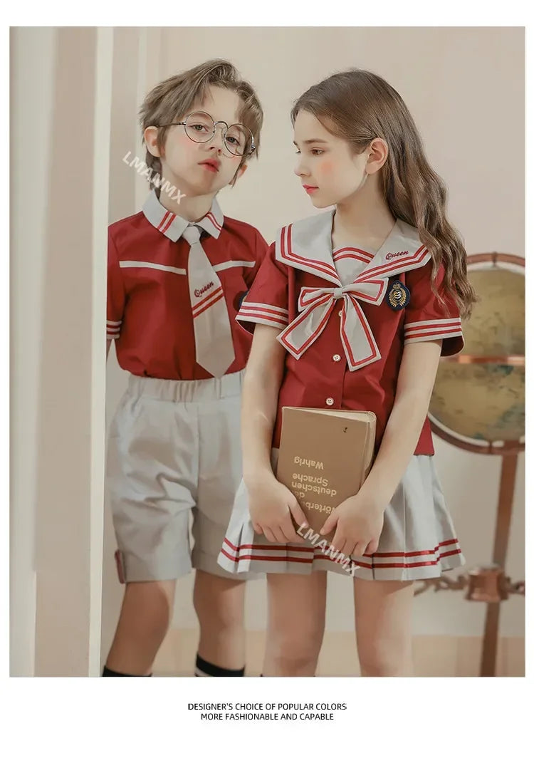 Kid Korean Japanese Striped School Uniform for Girls Boys Sailor Collar T Shirt Pleated Skirt Shorts Bow Clothes Student Outfit