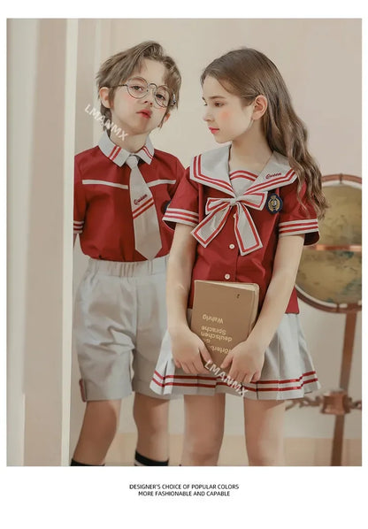 Kid Korean Japanese Striped School Uniform for Girls Boys Sailor Collar T Shirt Pleated Skirt Shorts Bow Clothes Student Outfit
