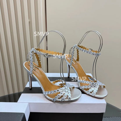 Women Crystal Rhinestone High Heel Sandals 2026 Summer New Toe Ankle Strap Thin Heels Transparent Silver Party Wedding Shoes
