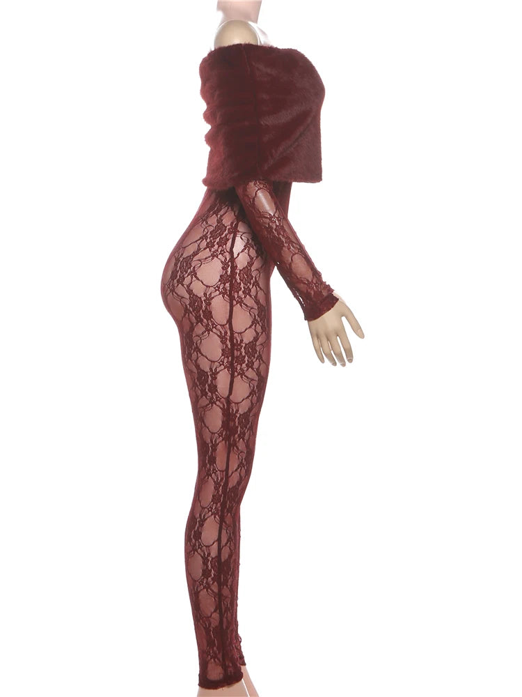Sisterlinda Sexy Furry Patchwork Jumpsuits Women Coquette See Through Jacquard Slash Neck Full Sleeve Skinny Chic Party Clubwear