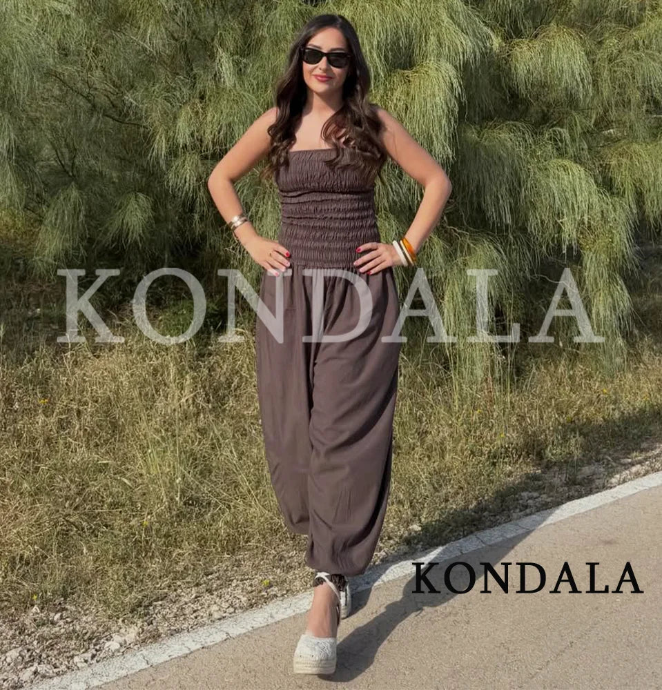 KONDALA Women High Street Trendy Jumpsuit Strapless Pockets Pleated Jumpsuits New Fashion 2026 Spring Summer Holiday Jumpsuit