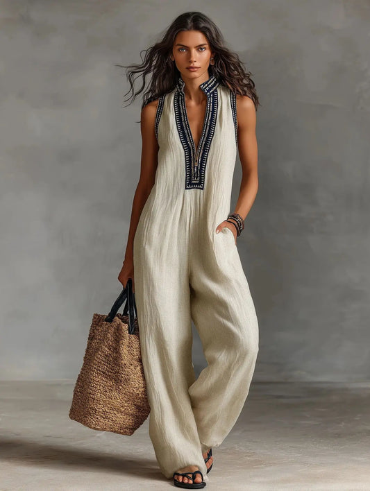 2026 Women's Simple Linen Blend Sleeveless One-piece Pants with Zipper and Stand-up Collar