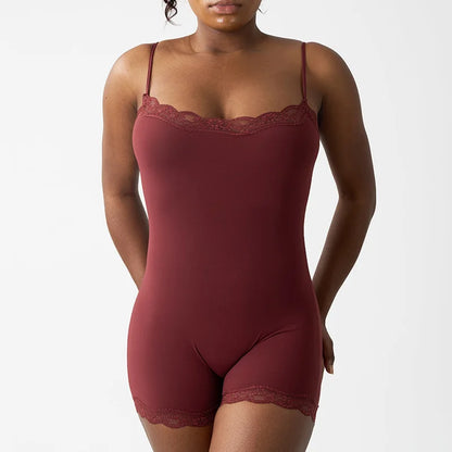 New Women's Sexy Square Neck Lace Panel Bodysuit Sleeveless Spaghetti Strap Jumpsuit Solid Color Slim Bodycon Rompers Tank Tops
