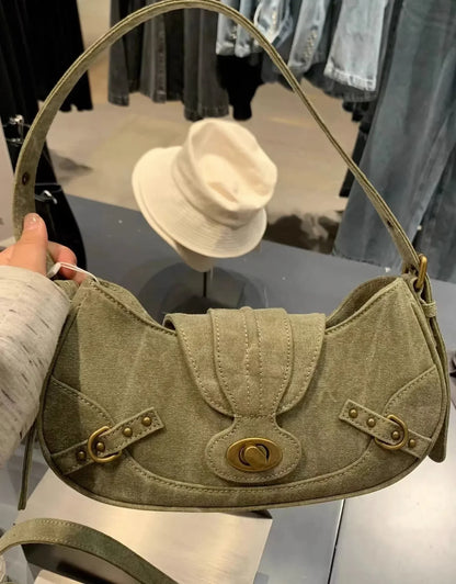 Y2k Vintage Shoulder Bag American Street Style Rivets Green Canvas Handbag Gothic Punk Biker Cool Designers Underarm Bag Handbag