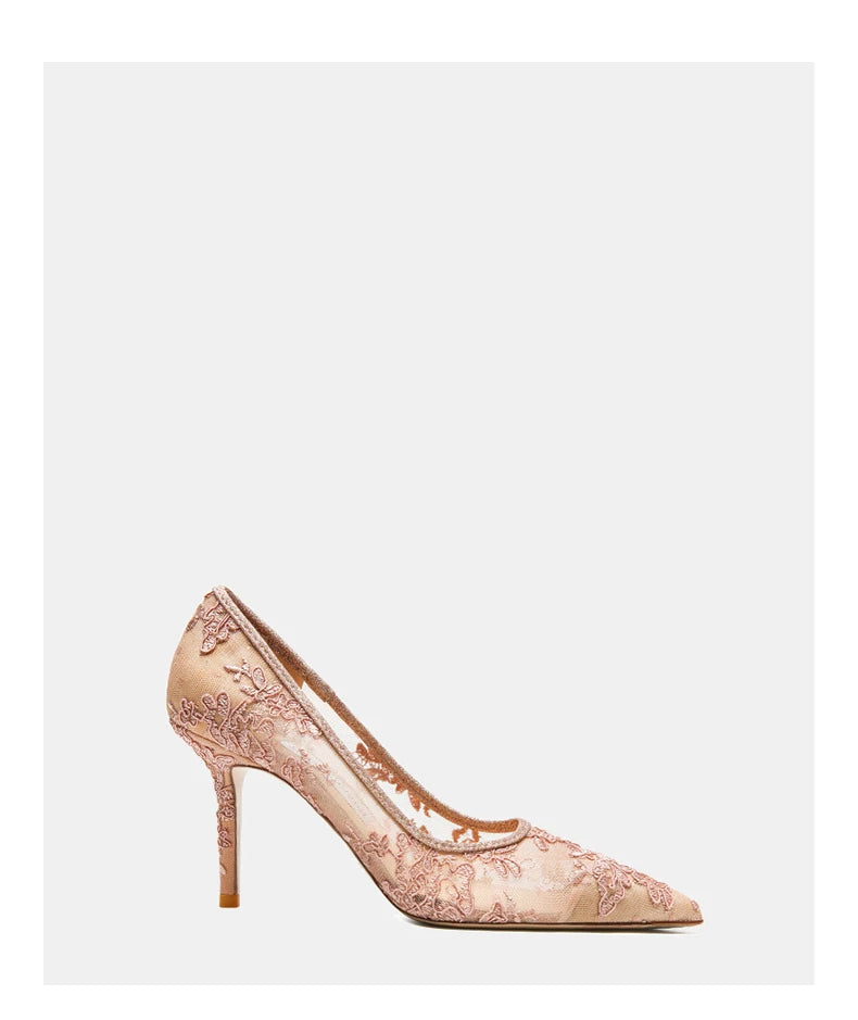 Women heels 2025 pink mesh lace Women's elegant high heels Luxury Brand Shallow Pointed Toe Sexy Pumps Ladies Prom Shoes Women