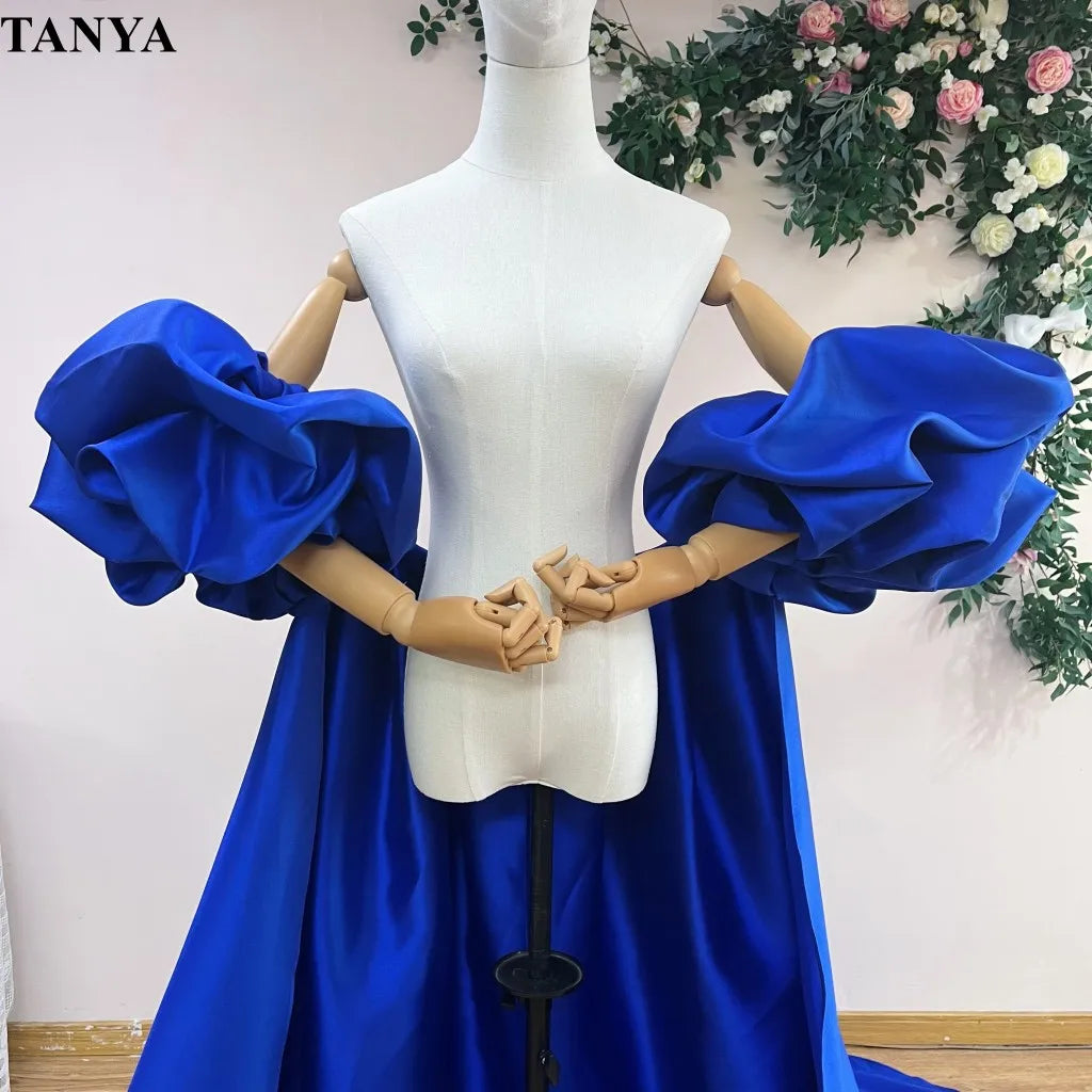 Red  Mikado Satin Long Wedding Cape Puffy Short Sleeves Court Tain Evening Cape Outfit Coat For Women Costume DJ199