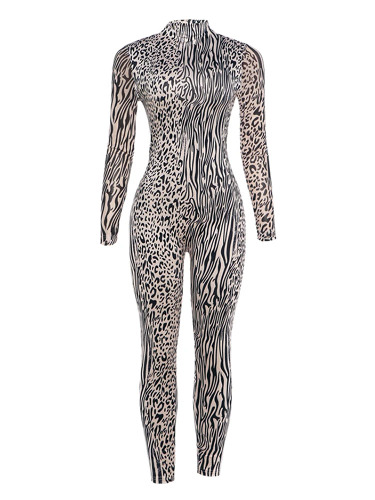 Weird Puss Sexy Fashion Jumpsuits Woman Leopard Print Turtleneck Full Sleeve Skinny Peach Hip Hottie High Street Style Overalls