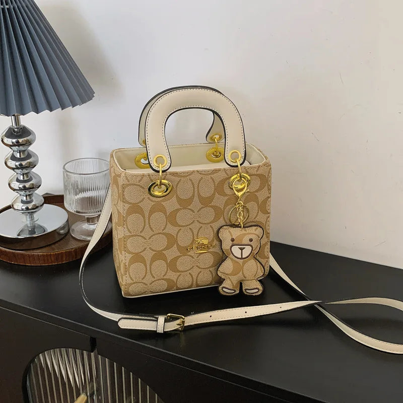 Luxury Women Bag 2026 New Vintage Classic Monogram Handbag Fashion Designer Ladies Tote Crossbody Bag with Bear Charm