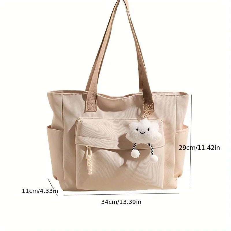Multi Compartment, Zipper Closure, Women's Bags Large Capacity Japanese Style Tote Bag, Cute Plush Fixed Strap, Casual Elegance
