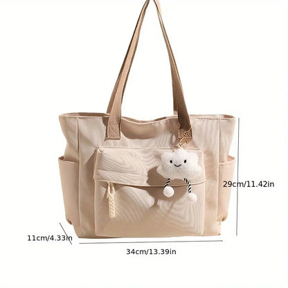 Multi Compartment, Zipper Closure, Women's Bags Large Capacity Japanese Style Tote Bag, Cute Plush Fixed Strap, Casual Elegance