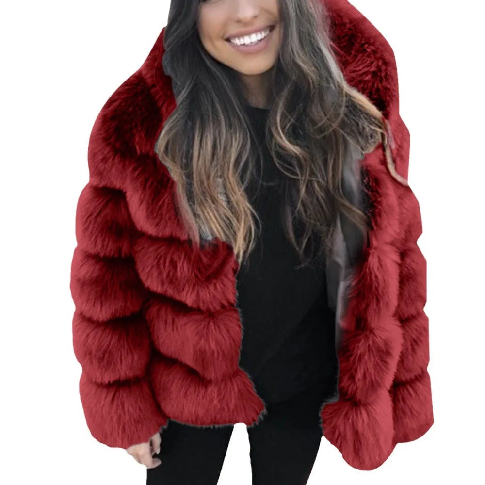 Fashion Winter Women Imitation Fox Fur Jacket Hooded Loose Long Sleeves Female Eco Fur Coat Patchwork Plush Thick Lady Fur Coat
