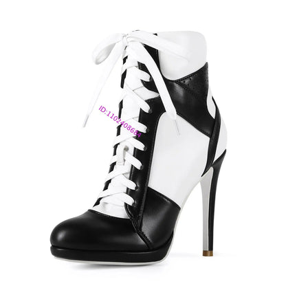 Women High Heel Black White Sports Ankle Boots Slim High Heel Lace Up High Top Sport Boots Plus Size 43