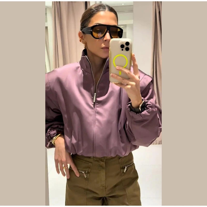 Faux Leather Bomber Jacket Oversized Collared Long Sleeve 2026 Spring Edgy Women Faux Leather Coat Fashion  Bold Lady Outerwear