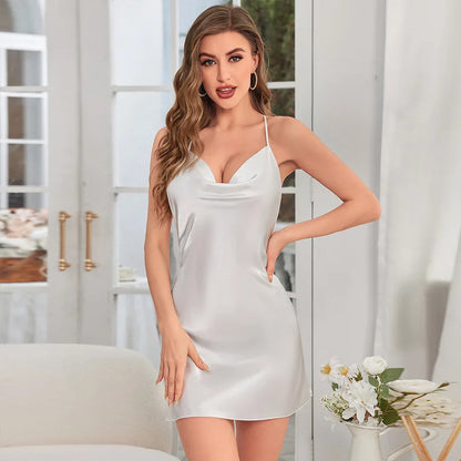 Fashion Solid Color V-neck Home Nightgown Women's Backless Cross Suspender Skirt Butterfly Decoration Simulation Silk Thin Dress
