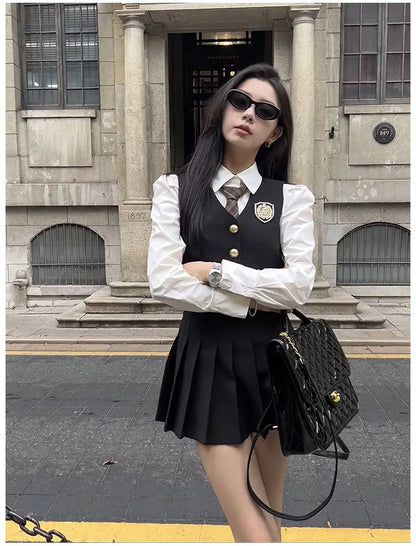 2024 england style uniform jk set suit autumn new suit waistcoat long sleeve shirt pleated skirt fashion three-piece women w753