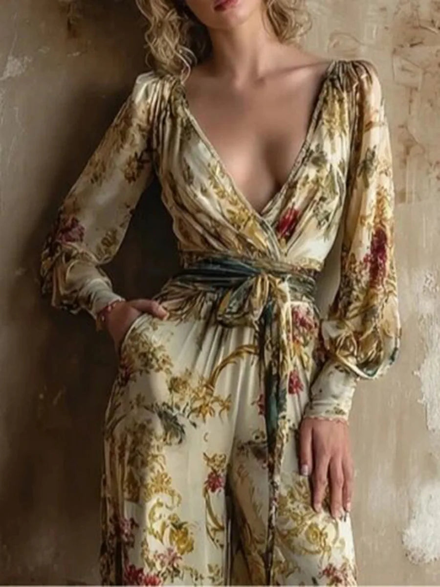 Women's Vintage Print Jumpsuits Fashion Sexy V-neck High Waist Leace-up Wide Legs Jumpsuit Lady Commuting Clothing 2026 New
