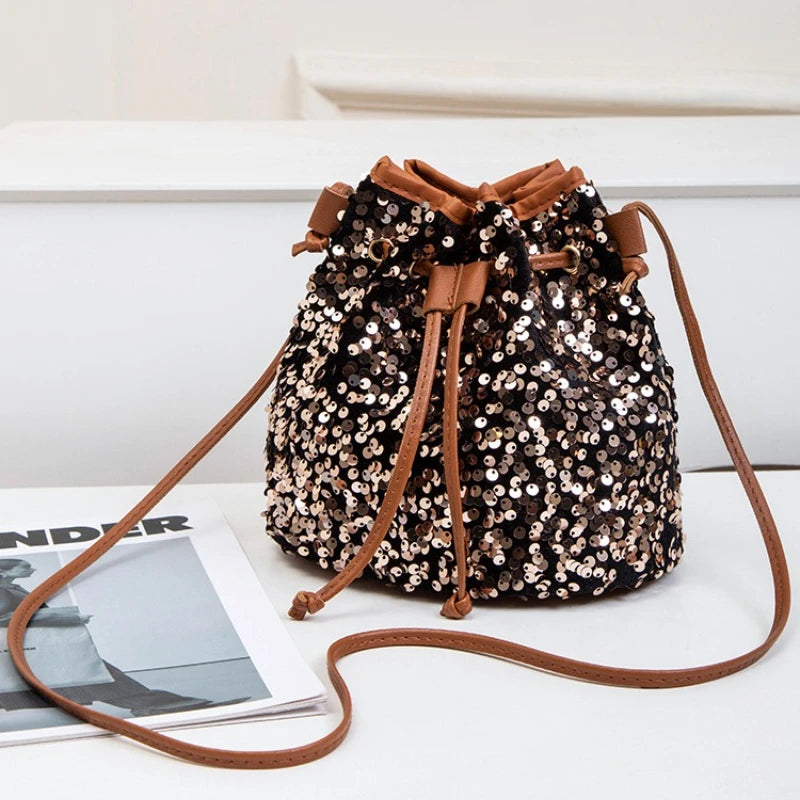 New Chic Multicolor Sequin Shing Shoulder Bag Fashion Versatile Handbag Drawstring Bucket Bag Large Capacity Wallet Purse Bags