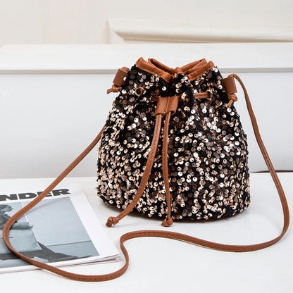 New Chic Multicolor Sequin Shing Shoulder Bag Fashion Versatile Handbag Drawstring Bucket Bag Large Capacity Wallet Purse Bags