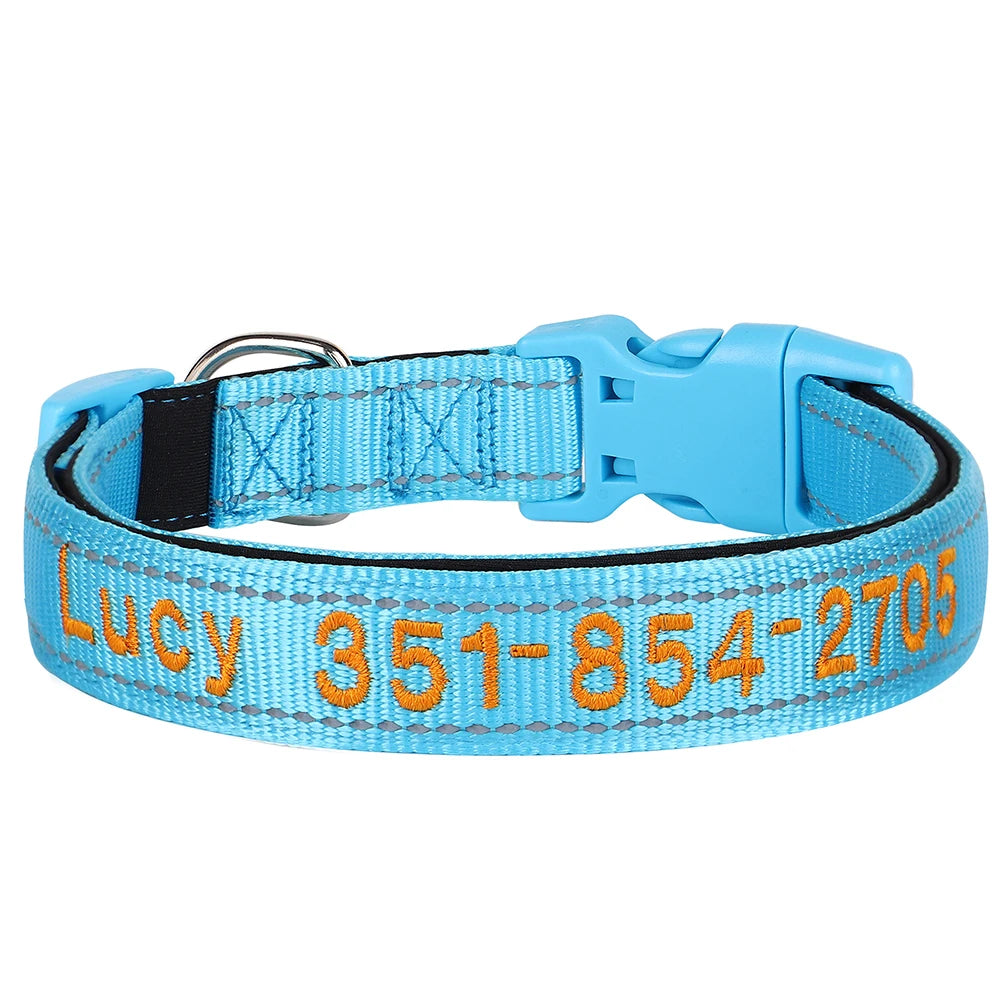 Embroidered Nylon Dog Collar Free Custom Dogs Collar Reflective Pet ID Name Phone No. For Small Medium Large Dogs Pug Adjustable