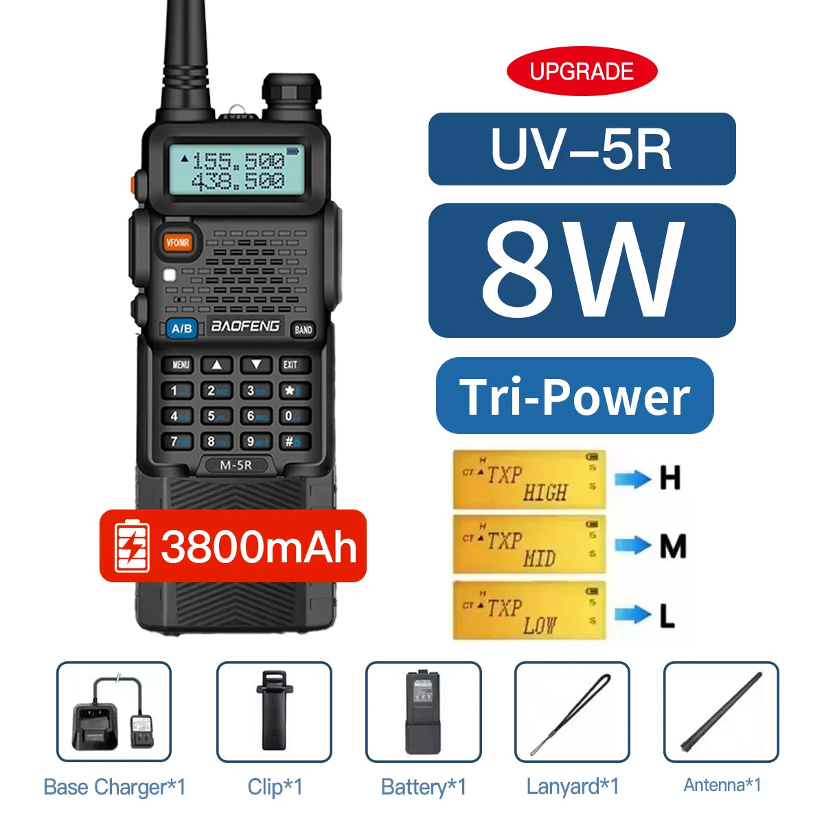 Baofeng UV5R 8W Tri-Power Walkie Talkie 5W High Power UHF VHF Dual Band Two-Way Radio Lange Afstand 128CH Handheld UV 5R CB Radi