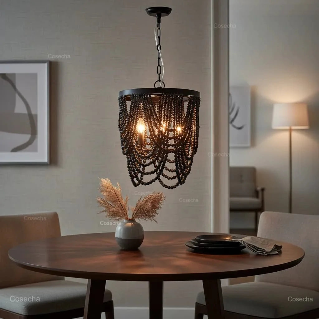 French Country white wood Bead Chandelier dining room bedroom princess Decorative chandelier 3/5 lights hanging light fixture