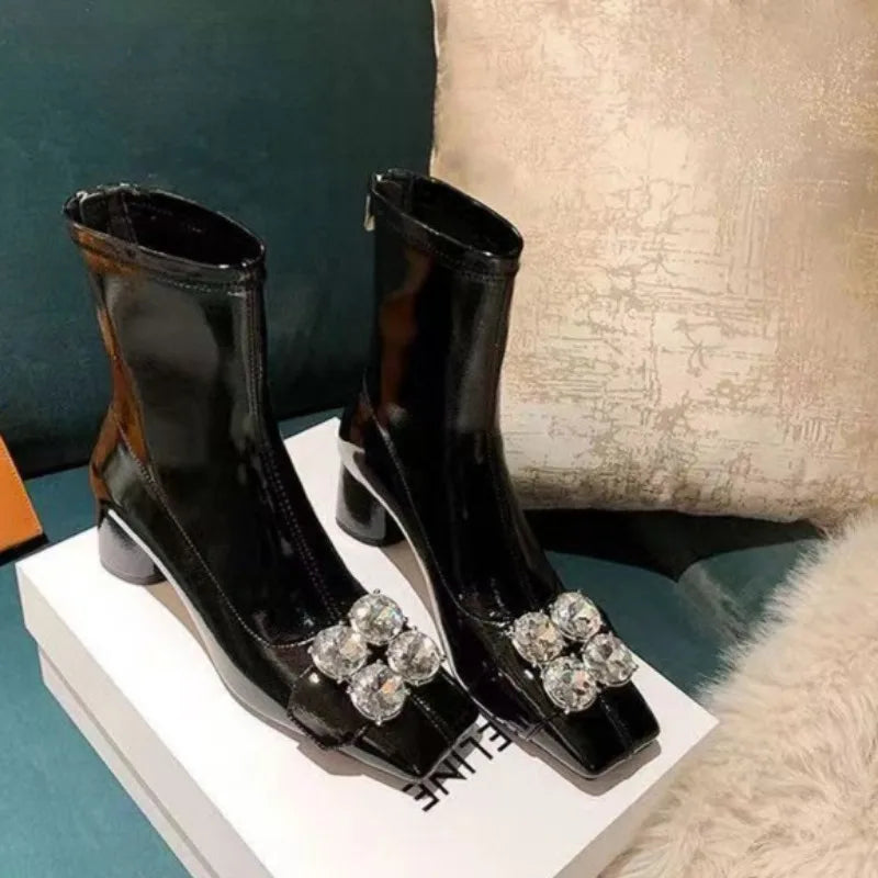 Women's Fashion Chunky Single Boots Fall New Square Head Rhinestones After Zipper Temperament Short Boots