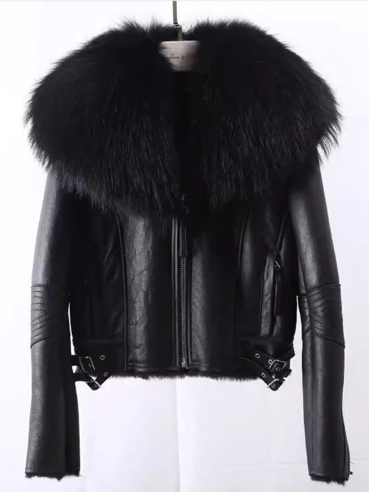 OFTBUY Hot Sales Sheepskin Fur Coat Fashion New Winter Real Leather Jacket Raccoon Fur Collar Women Clothing Integrated Fur Coat