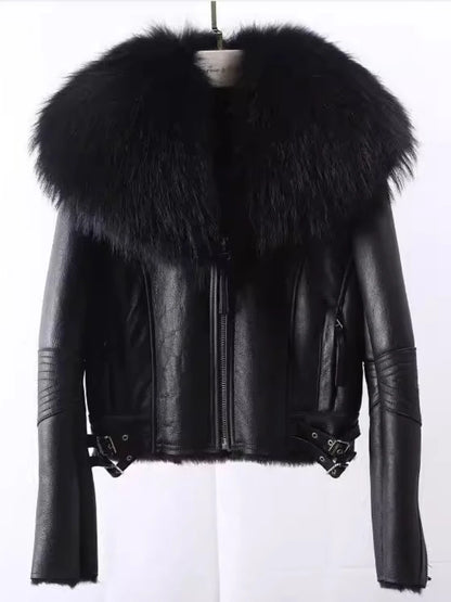 OFTBUY Hot Sales Sheepskin Fur Coat Fashion New Winter Real Leather Jacket Raccoon Fur Collar Women Clothing Integrated Fur Coat