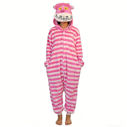 Cheshire Cat Cartoon One-Piece Pajamas Flannel Men and Women  Home Wear Autumn and Winter Home Clothing for Autumn and Winter