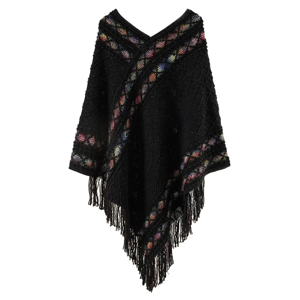 Plush Winter Warm Mongolian Poncho Ethnic Style Imitation Cashmere Rhombic Stripe Tassel Shawl Knitting Wraps Women Fashion