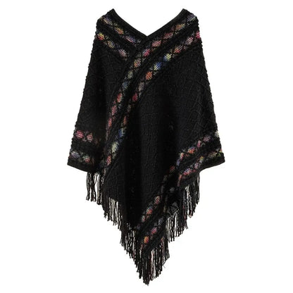 Plush Winter Warm Mongolian Poncho Ethnic Style Imitation Cashmere Rhombic Stripe Tassel Shawl Knitting Wraps Women Fashion