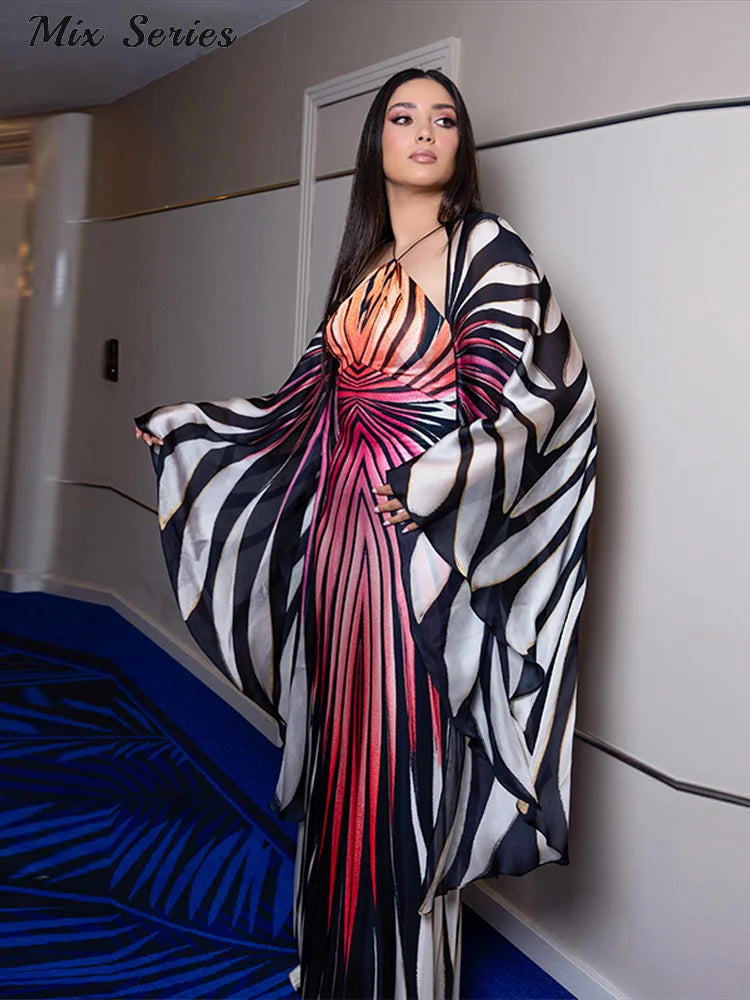 Chic Gradient Stripe Halter Dress Women Butterfly Sleeve Backless Slim Floor-length Dresses 2026 New Lady Party Evening Gown ﻿