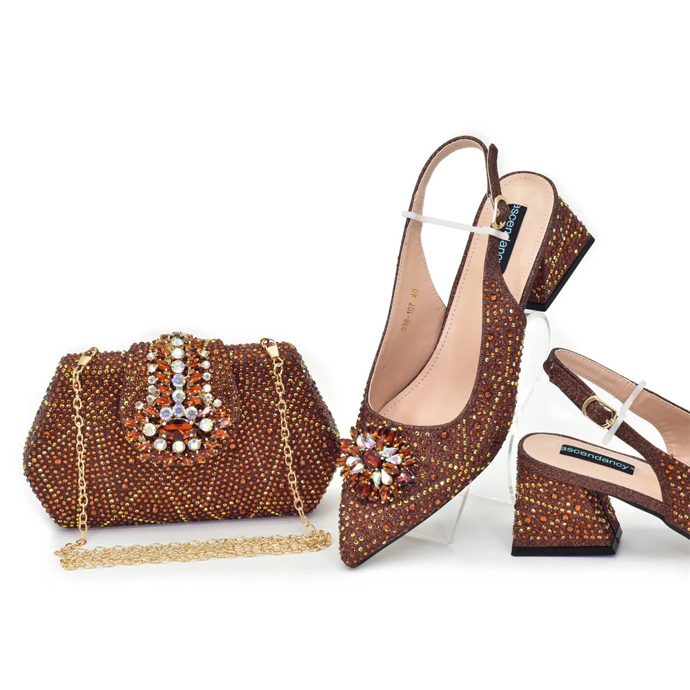 New Fashion Italian Design Rhinestone Pointed-Toe High Heel Shoes & Matching Bag Set Shoe and Bag Set for Nigeria Party Italy