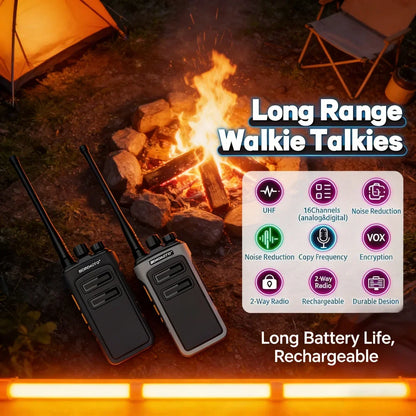 Rechargeable Waterproof Long Range Walkie Talkie Two Way Radio with One Key Decoding for Construction Security Office Use