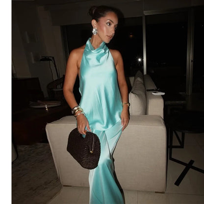 MUJER Satin Halter Jumpsuits for Women Backless Long Jumpsuit Woman One Piece Wide Leg Women's Jumpsuit Summer Overalls Women