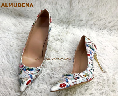 ALMUDENA White Patent Leather Eiffel Tower Red Lips Printed Wedding Shoes 12cm Sky High Heel Pointed Toe Slip-On Banquet Pumps