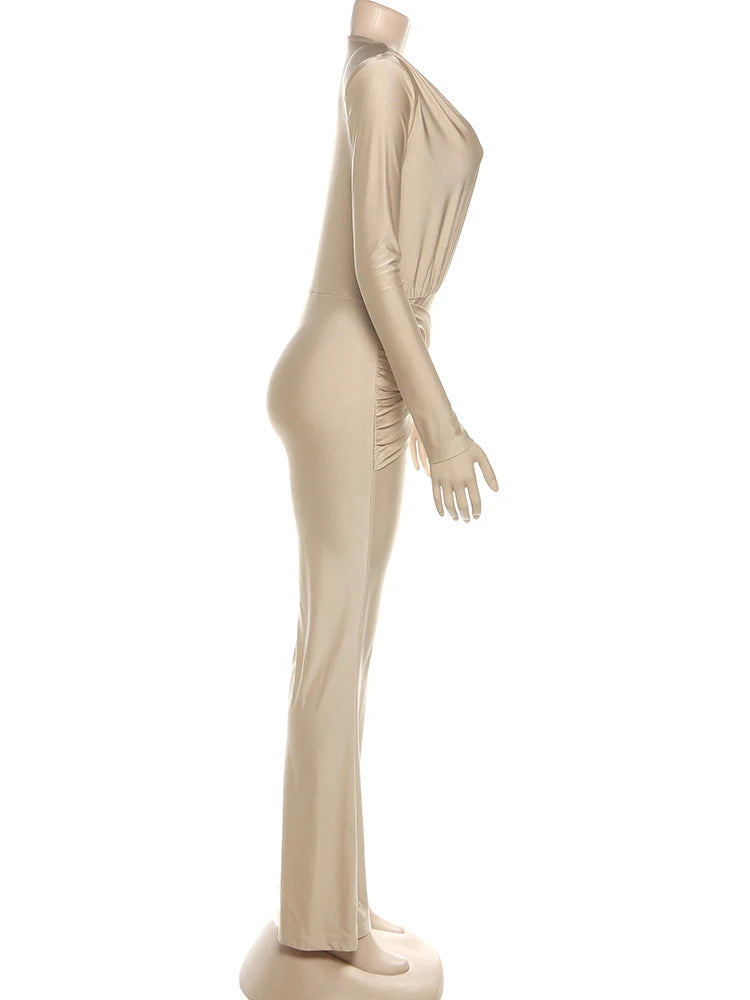 Weird Puss Cross Ruched Jumpsuit Women Patchwork Deep v-Neck Full Sleeve Elegant Skinny Stretch Workout Office Classic Overalls