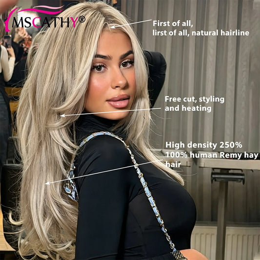 13x4 Glueless Ash Blonde Highlight Lace Front Wigs For Women Straight Brazilian Remy Human Hair Wig HD Transparent Lace Frontal