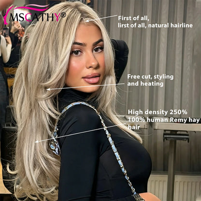 13x4 Glueless Ash Blonde Highlight Lace Front Wigs For Women Straight Brazilian Remy Human Hair Wig HD Transparent Lace Frontal