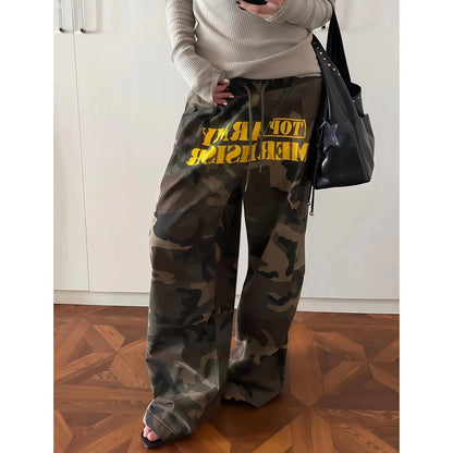 Women Brown Baggy Camouflage Pants Oversize Parachute Pants Harajuku Japanese 2000s Style Vintage Y2k Trousers Clothes Autumn